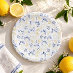 Blue and Yellow Citrus Lemon Pattern Paper Plates