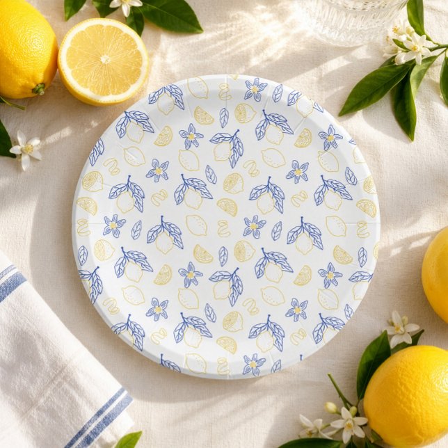 Blue and Yellow Citrus Lemon Pattern Paper Plates (Creator Uploaded)