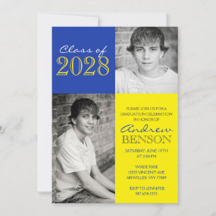 Blue and Yellow Classic 2 Photo Graduation Invitation