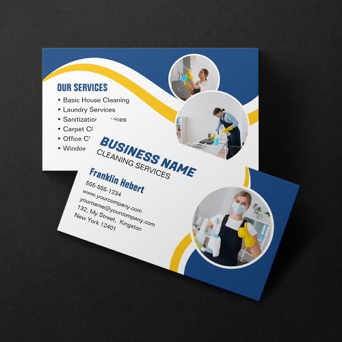 Blue and Yellow Cleaning Service Housekeeping Maid Business Card