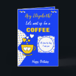 Blue and yellow Coffee & Friends Birthday Card<br><div class="desc">Personalize this Birthday greeting card with a name and change the other text if you prefer.
Designed in blue and yellow with a coffee cup,  polka dots and love hearts.
Treat your best friend to a coffee.</div>