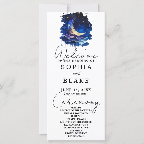 Blue and Yellow Crescent Moon Wedding Program