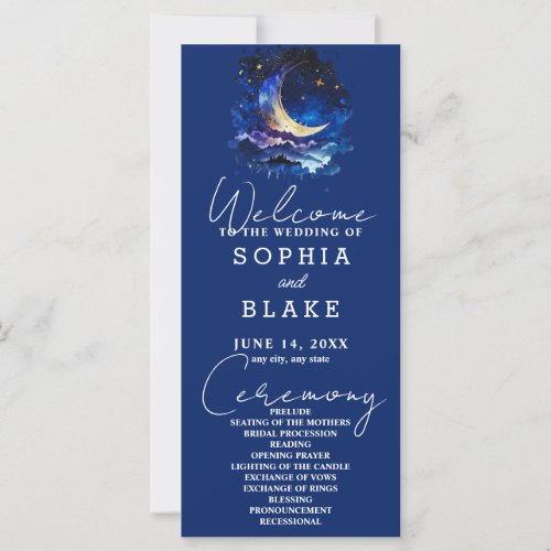 Blue and Yellow Crescent Moon Wedding Program