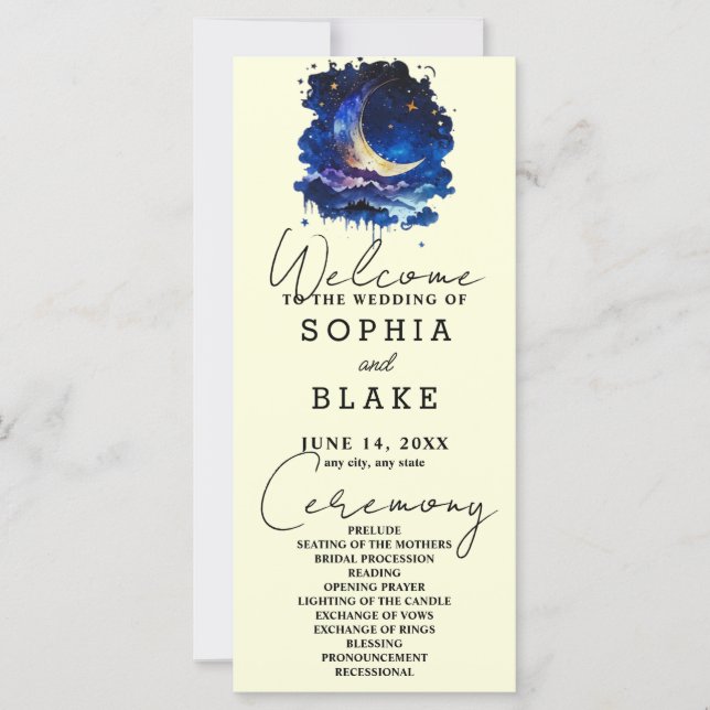Blue and Yellow Crescent Moon Wedding Program (Front)