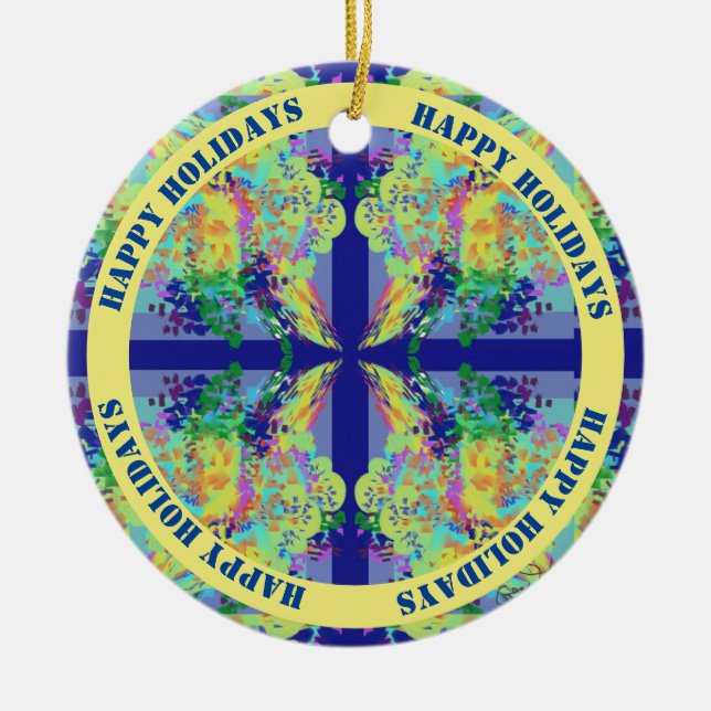 Blue and Yellow Cross Design - Customizable Text Ceramic Ornament (Front)