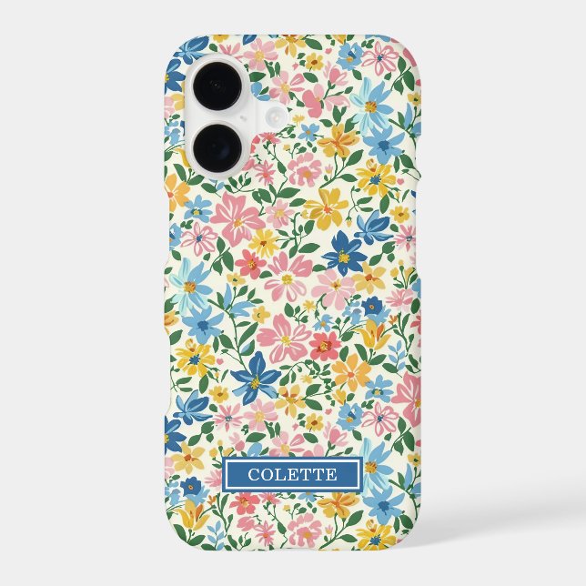 Blue and Yellow Ditsy Flowers Monogrammed Case-Mate iPhone Case (Back)