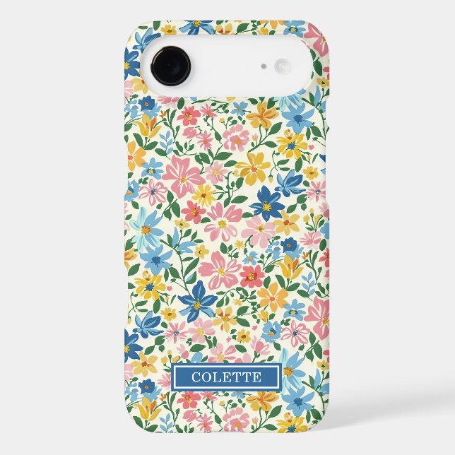 Blue and Yellow Ditsy Flowers Monogrammed Case-Mate iPhone Case (Back)