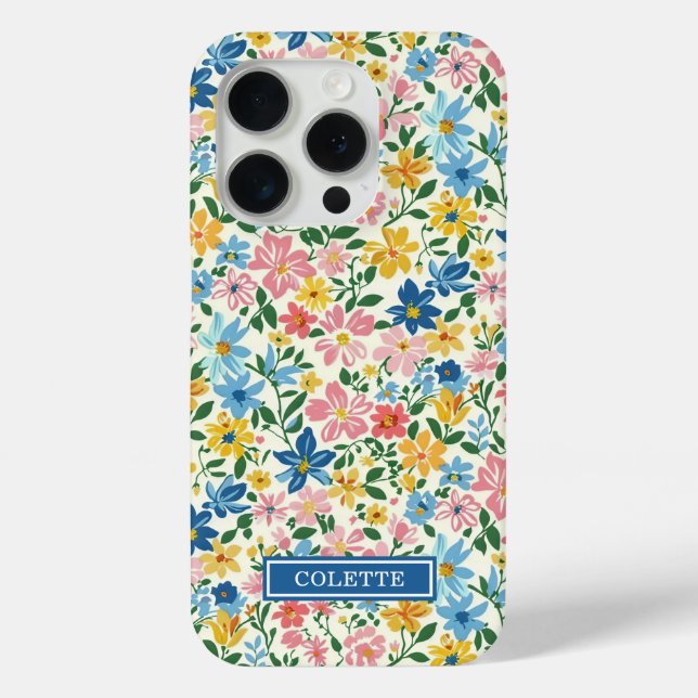 Blue and Yellow Ditsy Flowers Monogrammed Case-Mate iPhone Case (Back)