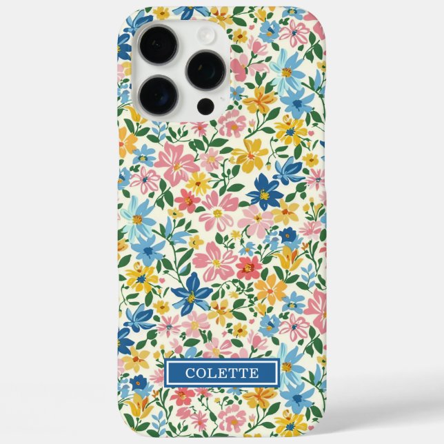 Blue and Yellow Ditsy Flowers Monogrammed Case-Mate iPhone Case (Back)