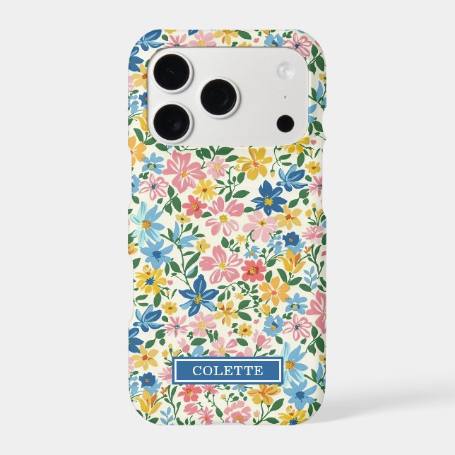 Blue and Yellow Ditsy Flowers Monogrammed Case-Mate iPhone Case (Back)