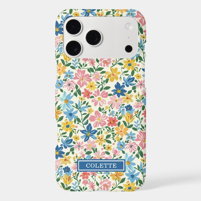 Blue and Yellow Ditsy Flowers Monogrammed Case-Mate iPhone Case (Back)