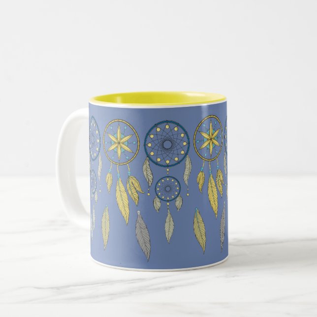 Blue and Yellow Dream Catchers Two-Tone Coffee Mug (Front Left)