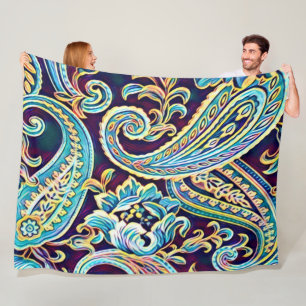 Blue and Yellow Dream Vintage Paisley Fleece Blanket