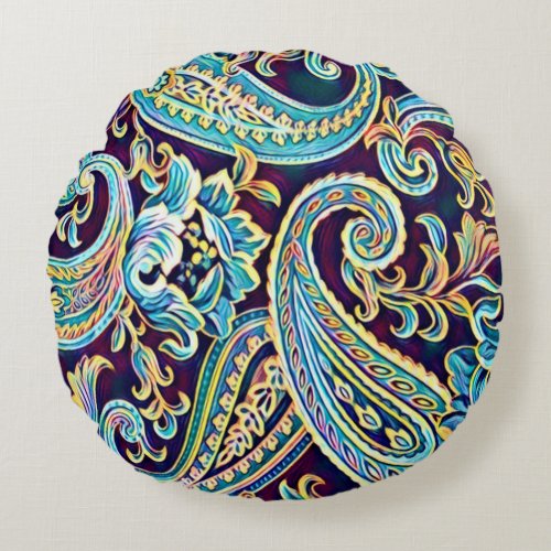 Blue and Yellow Dream Vintage Paisley Round Pillow