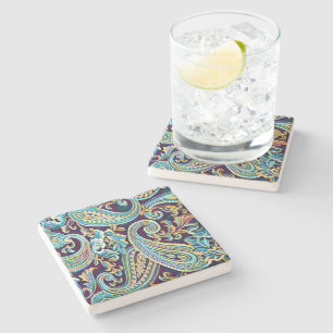 Blue and Yellow Dream Vintage Paisley Stone Coaster