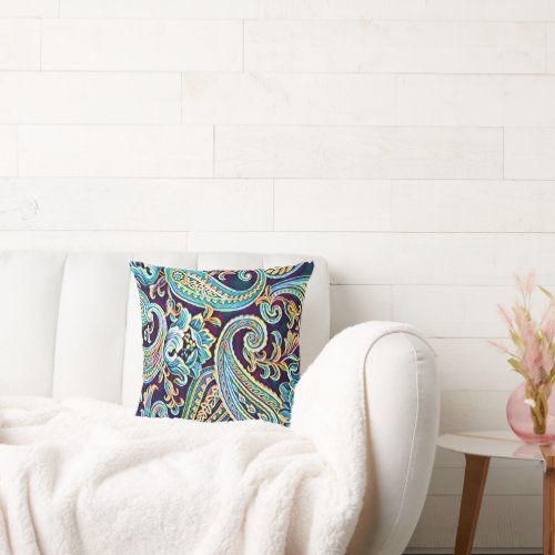 Blue and Yellow Dream Vintage Paisley Throw Pillow