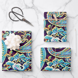 Blue and Yellow Dream Vintage Paisley Wrapping Paper Sheets