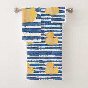 Blue and Yellow Duck Watercolor Bath Towel Set