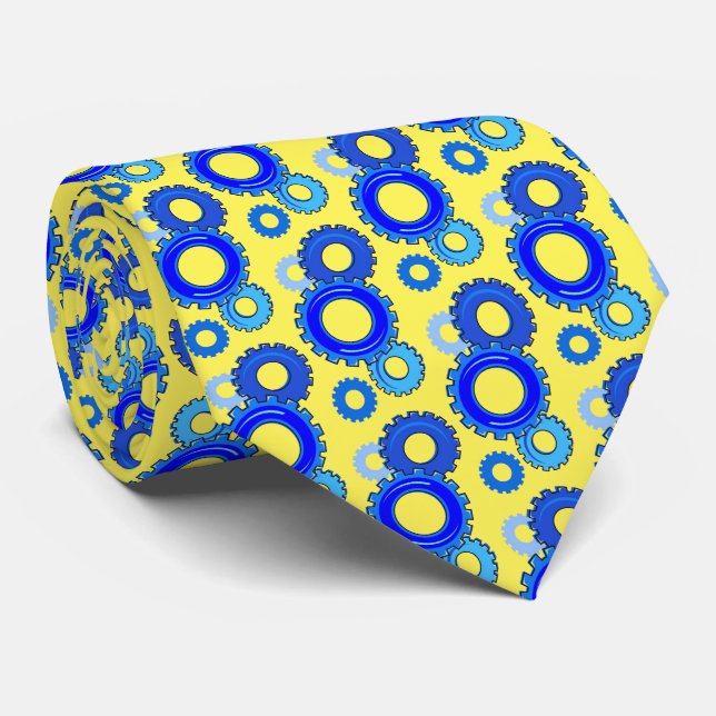 Blue and Yellow Engineering Gears Stylish Neck Tie (Rolled)