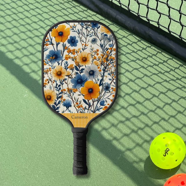Blue and Yellow Field Flowers Modern Monogram Pickleball Paddle (Creator Uploaded)
