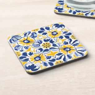 💛💙 Blue and yellow, floral Azulejos Beverage Coaster
