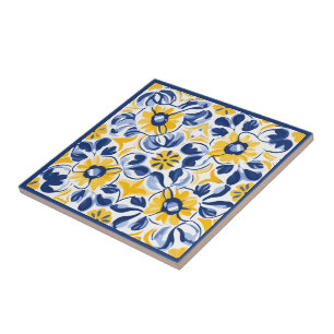 💛💙 Blue and yellow, floral Azulejos Ceramic Tile