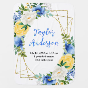 Blue and Yellow Floral Baby Birth Stats Baby Blanket