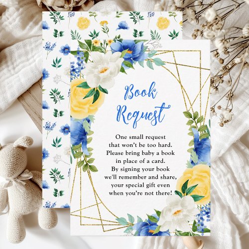 Blue and Yellow Floral Baby Shower Book Request Enclosure Card