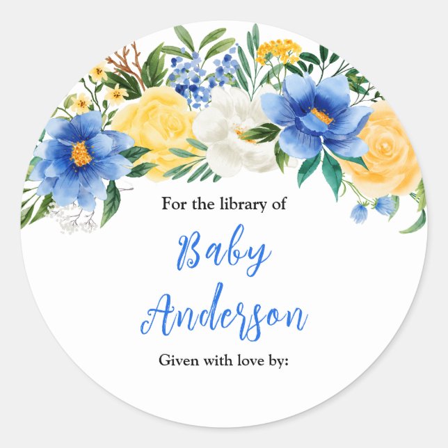 Blue and Yellow Floral Baby Shower Bookplate (Front)
