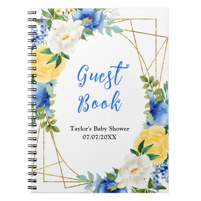 Blue and Yellow Floral Baby Shower Guest Book (Front)