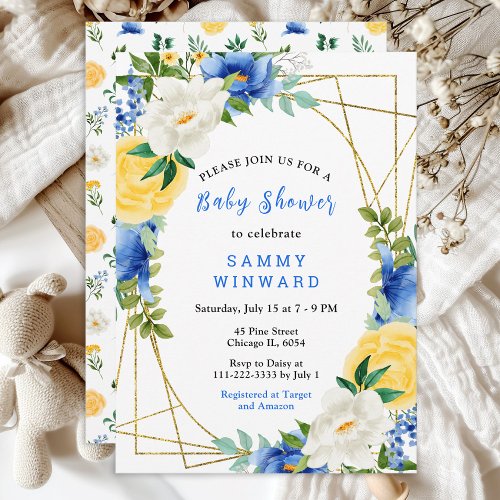 Blue and Yellow Floral Baby Shower Invitation