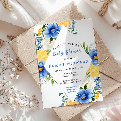 Blue and Yellow Floral Baby Shower Invitation