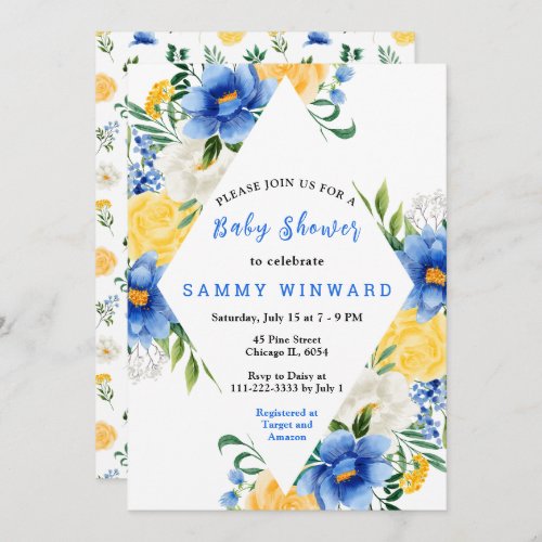 Blue and Yellow Floral Baby Shower Invitation