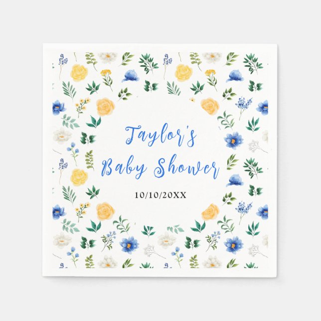 Blue and Yellow Floral Baby Shower Napkins (Front)