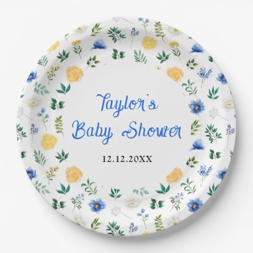 Blue and Yellow Floral Baby Shower Paper Plates