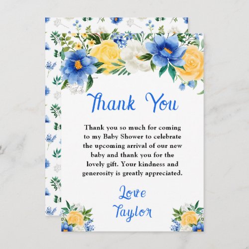 Blue and Yellow Floral Baby Shower Thank You Card