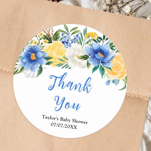 Blue and Yellow Floral Baby Shower Thank You Classic Round Sticker