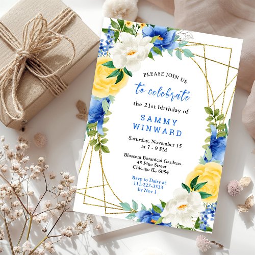 Blue and Yellow Floral Birthday Invitation