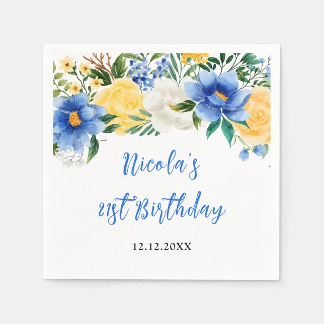 Blue and Yellow Floral Birthday Napkins (Front)