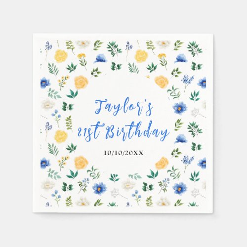 Blue and Yellow Floral Birthday Napkins