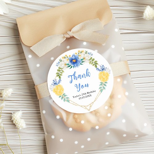 Blue and Yellow Floral Birthday Party Thank You Classic Round Sticker