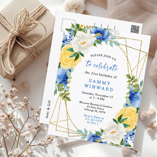 Blue and Yellow Floral Birthday Postcard