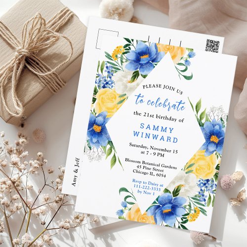 Blue and Yellow Floral Birthday Postcard