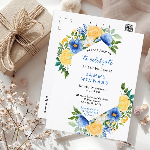 Blue and Yellow Floral Birthday Postcard