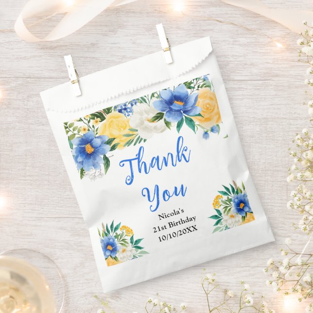 Blue and Yellow Floral Birthday Thank You Favor Bag (Clipped)