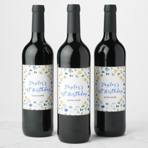 Blue and Yellow Floral Birthday Wine Label