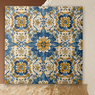 Blue and Yellow Floral Bloom Ceramic Tile