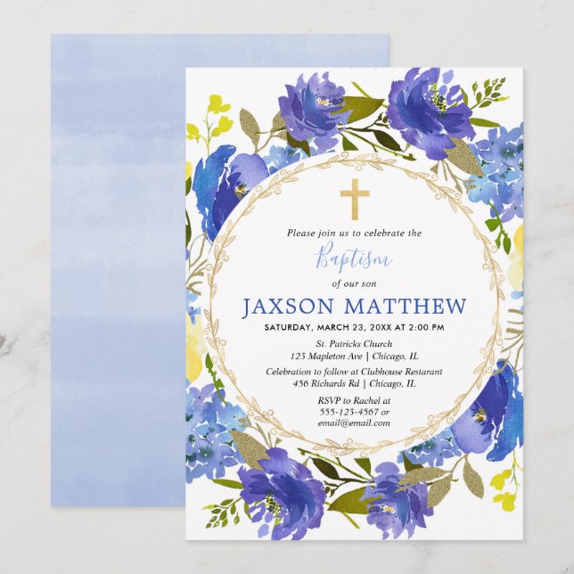 Blue and yellow floral Boy baptism invitations (Front/Back)