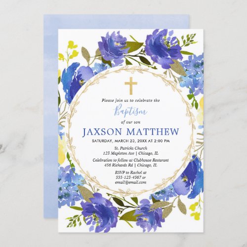 Blue and yellow floral Boy baptism invitations
