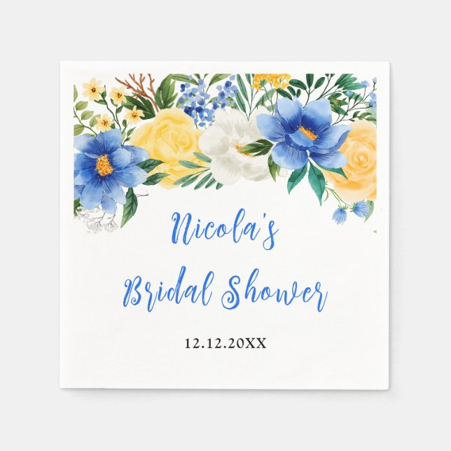 Blue and Yellow Floral Bridal Shower Napkins (Front)
